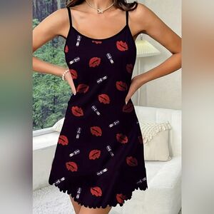 Black Spaghetti Strap Slip dress/Nightgown with a Red Lips and Lipstick Print.